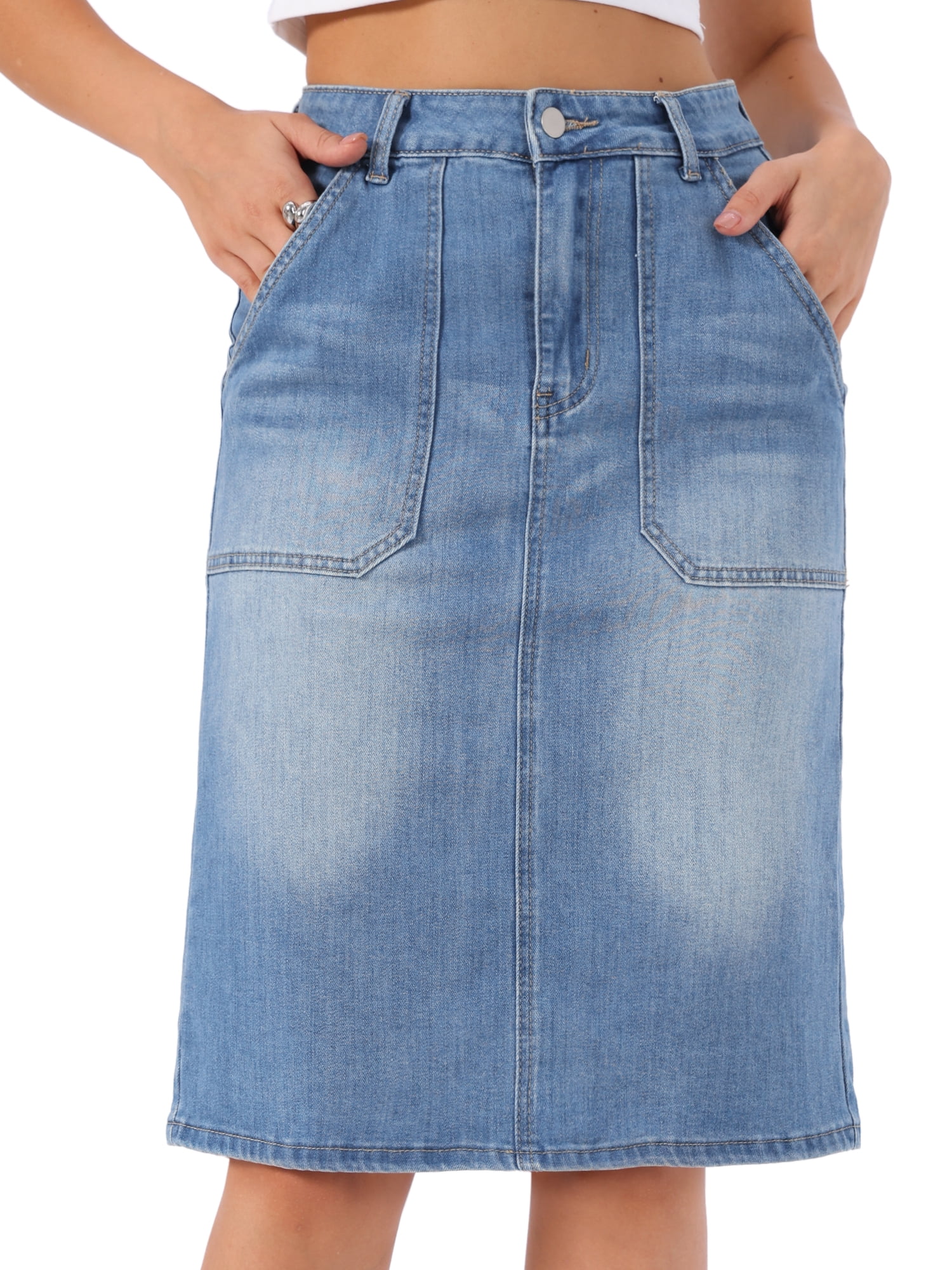 DARING DIVA Women's Back Slit Pockets Knee Length Stretch Jean Skirts Large Blue