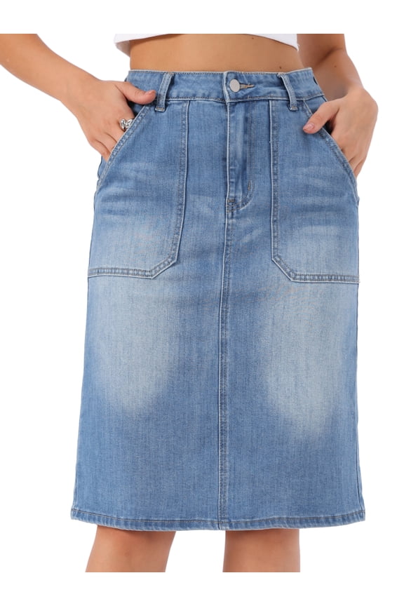 Women's Back Slit Pockets Knee Length Stretch Jean Skirts Small Blue