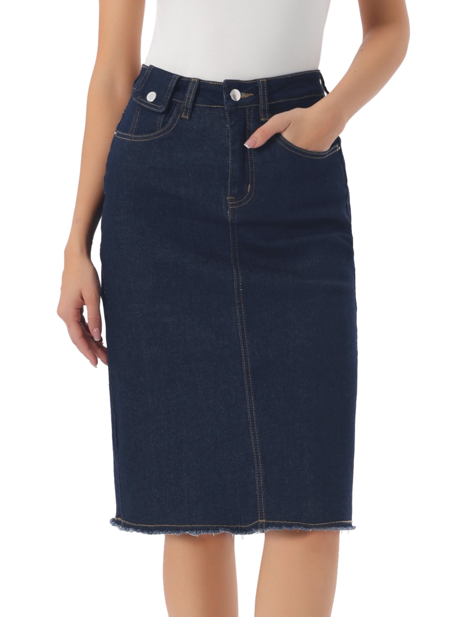 DARING DIVA Women's Back Slit Raw Hem Stretch High Waist Denim Skirt S Navy Blue