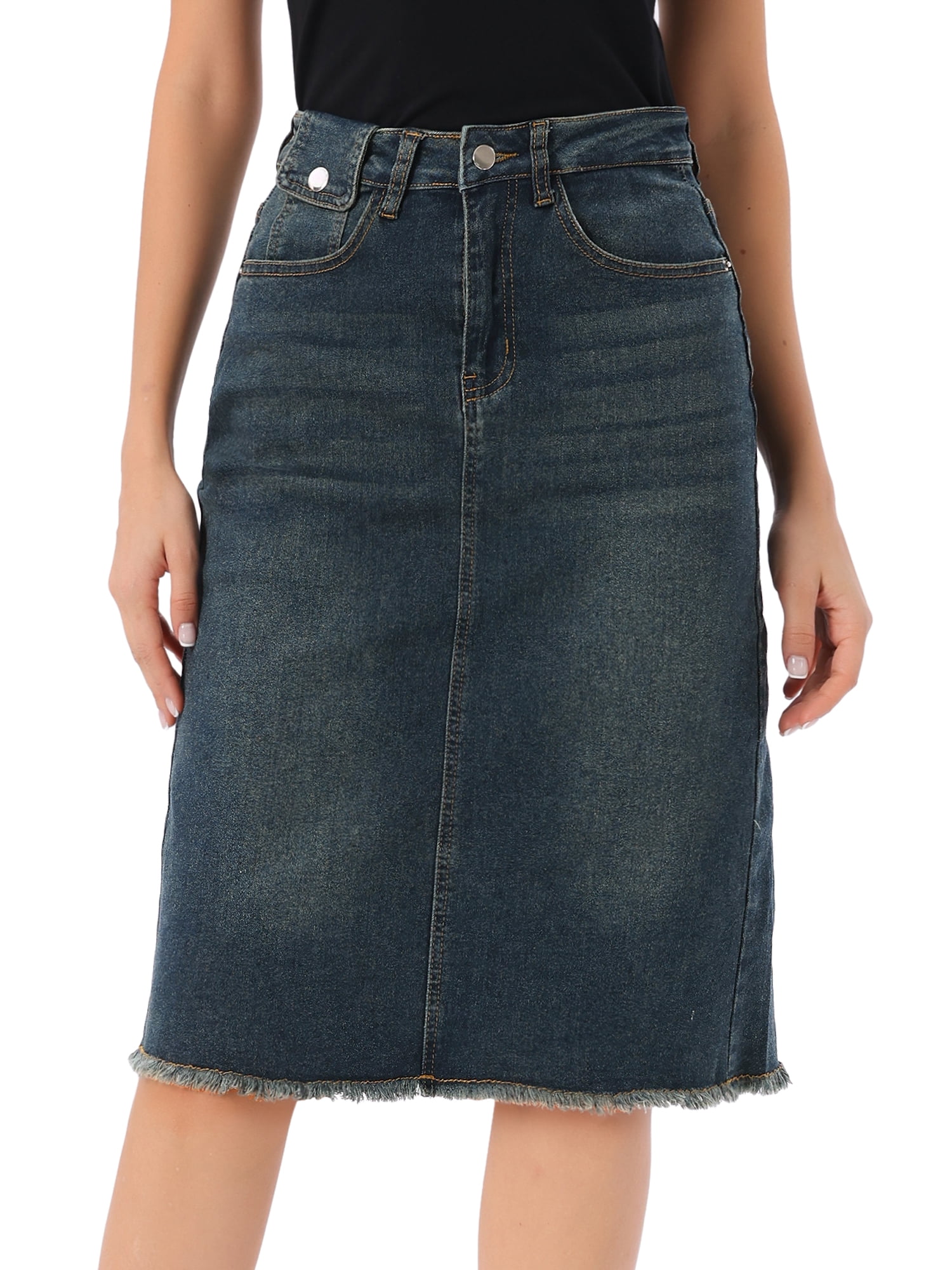 DARING DIVA Women's Back Slit Raw Hem Stretch High Waist Denim Skirt XL Dark Gray Blue