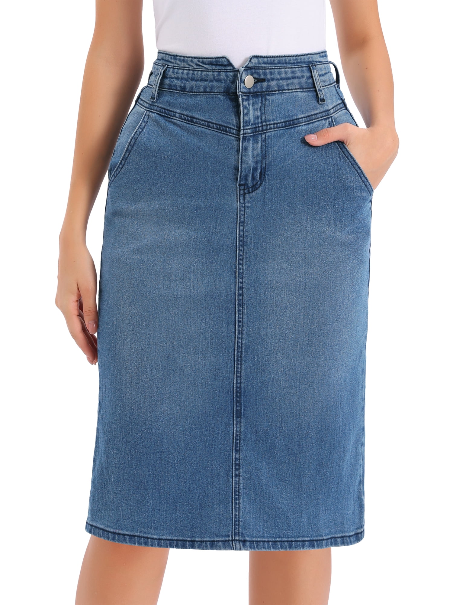 DARING DIVA Women's Back Slit Stretchy Below Knee Length Jean Skirt XS Blue