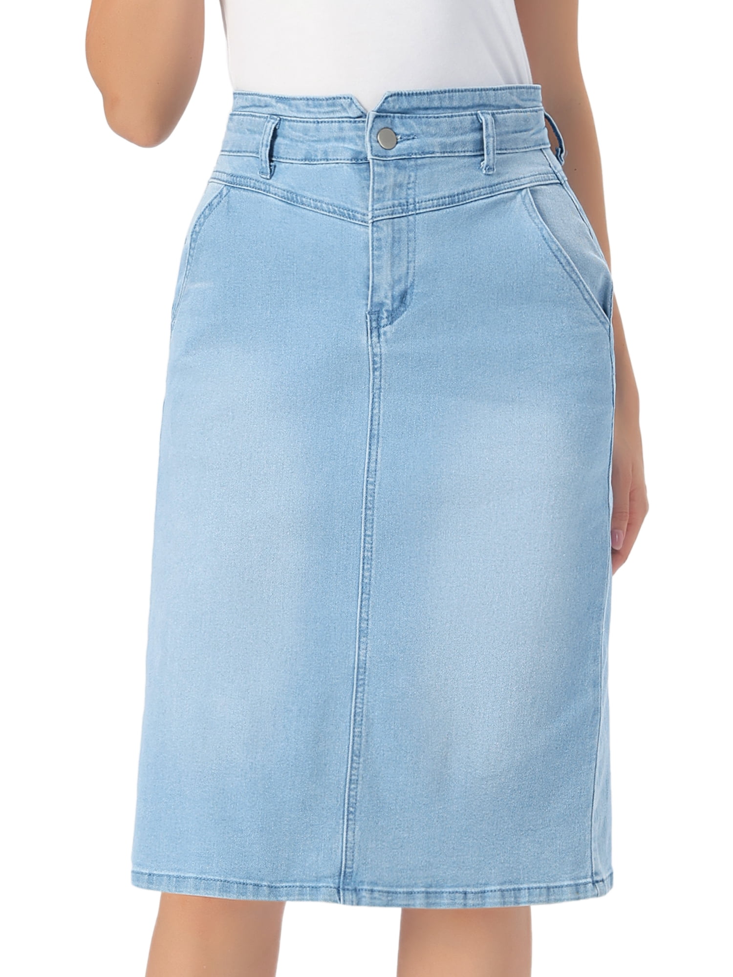 DARING DIVA Women's Back Slit Stretchy Below Knee Length Jean Skirt XL Light Blue