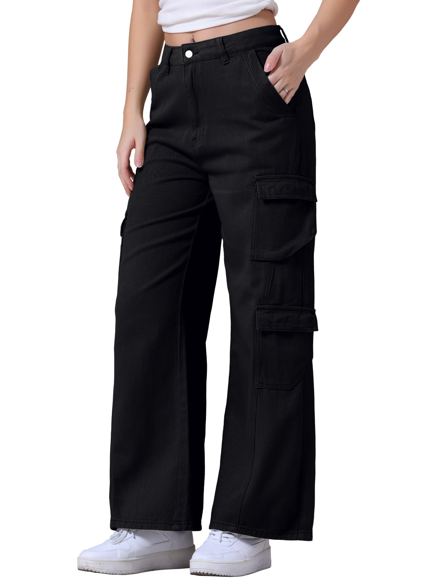 DARING DIVA Women's Baggy Jeans Multi-Pocket Cargo Denim Pants L Black