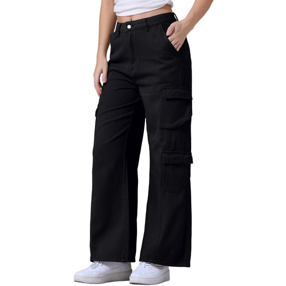DARING DIVA Women's Baggy Jeans Multi-Pocket Cargo Denim Pants M Black