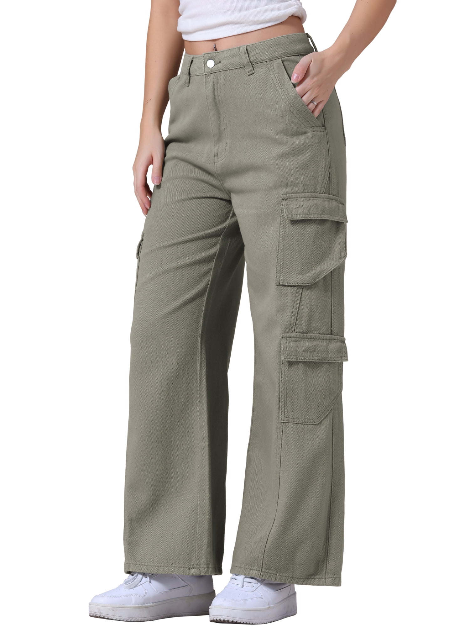 DARING DIVA Women's Baggy Jeans Multi-Pocket Cargo Denim Pants M Green
