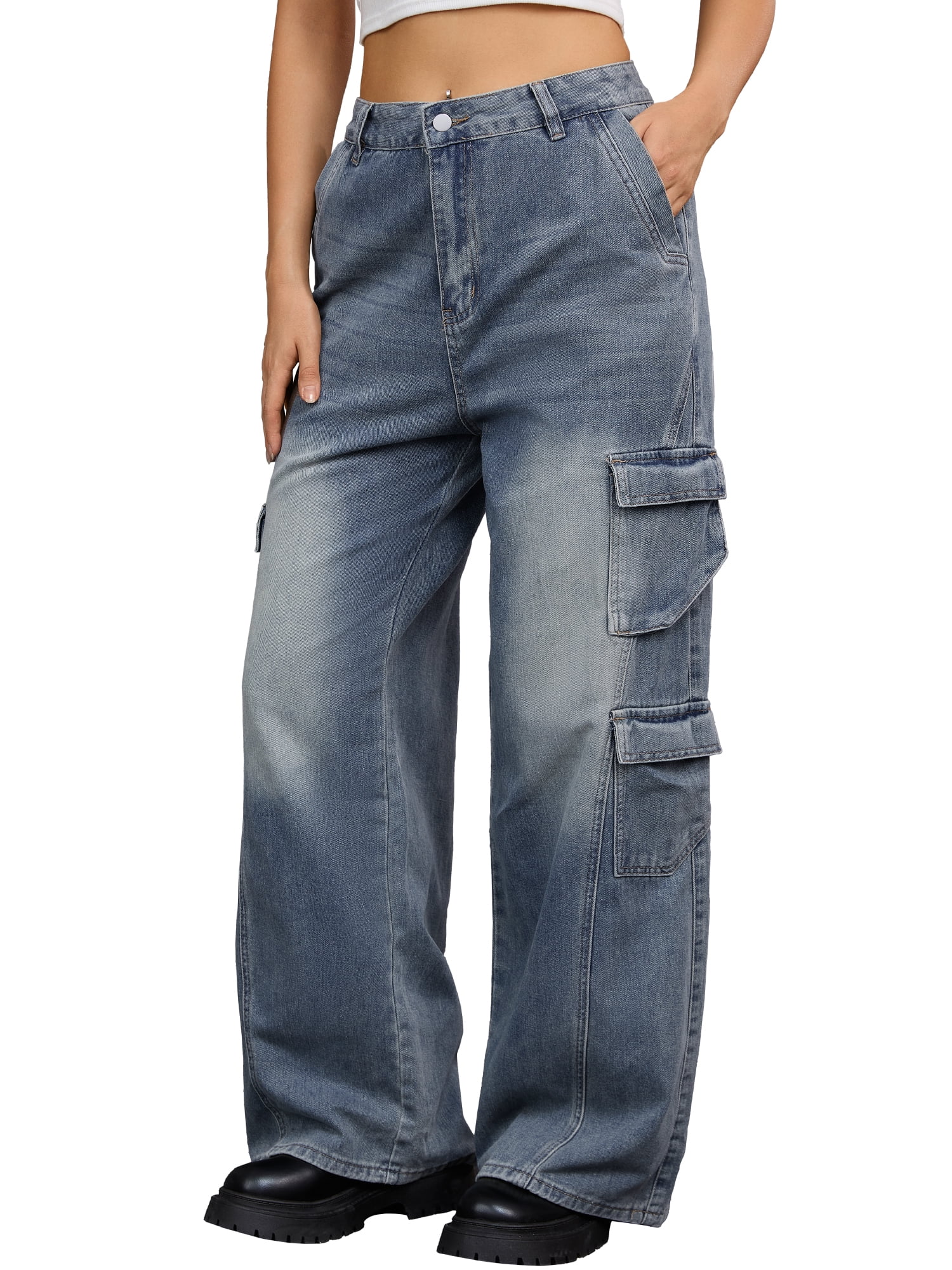 DARING DIVA Women's Baggy Jeans Multi-Pocket Cargo Denim Pants S Gray Blue
