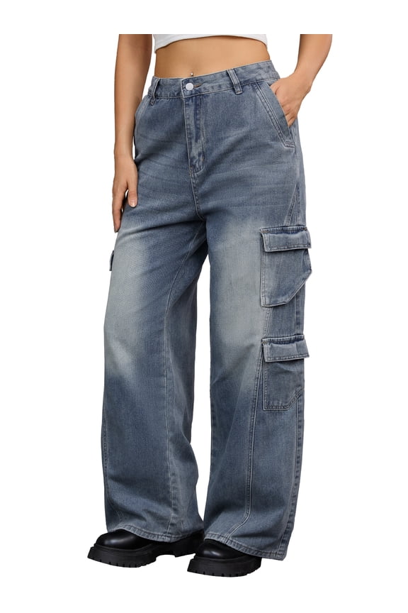 Women's Baggy Jeans Multi-Pocket Cargo Denim Pants S Gray Blue