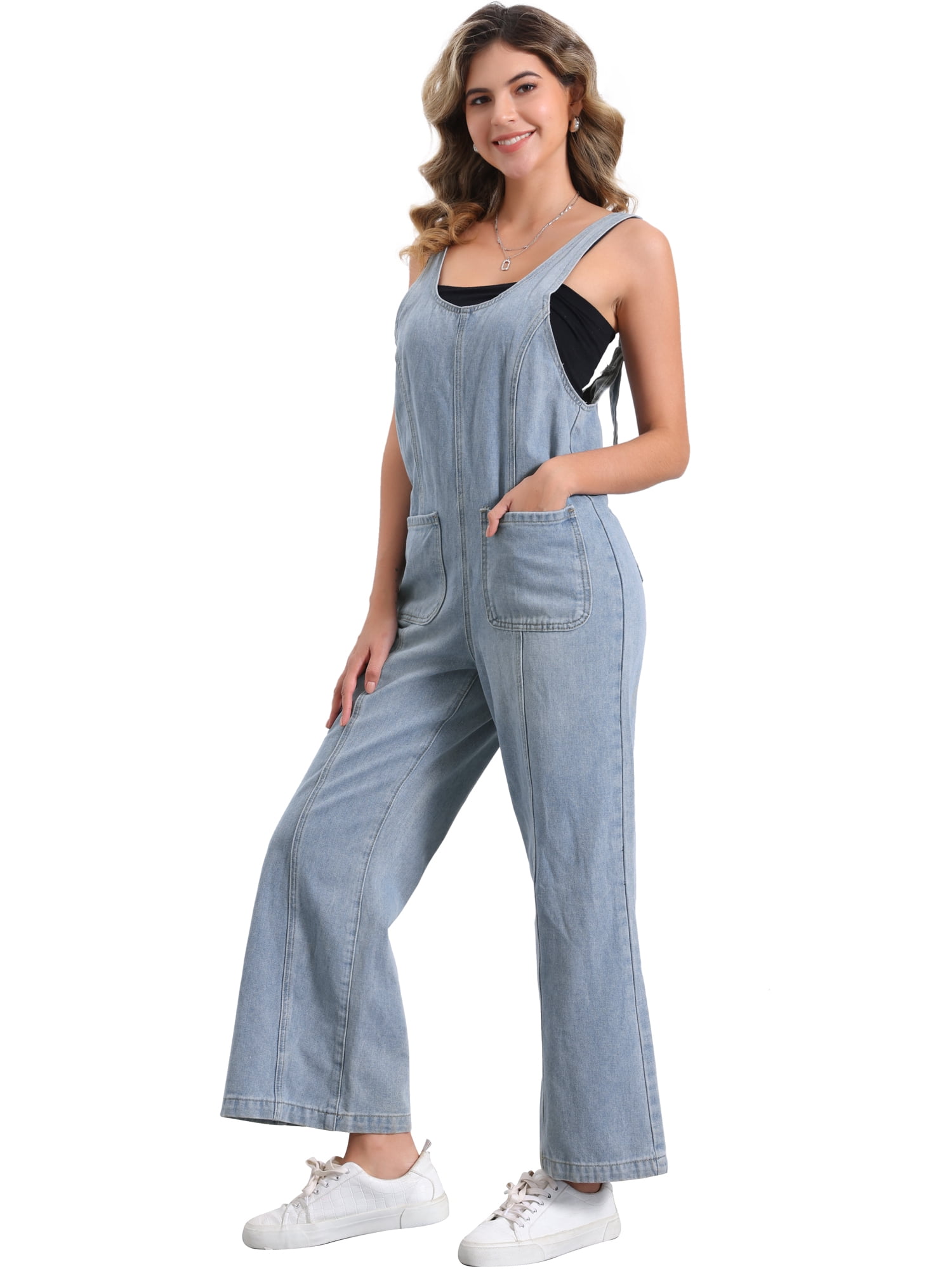 DARING DIVA Women's Baggy Wide Leg Denim Bib Overalls with Pockets L Light Blue