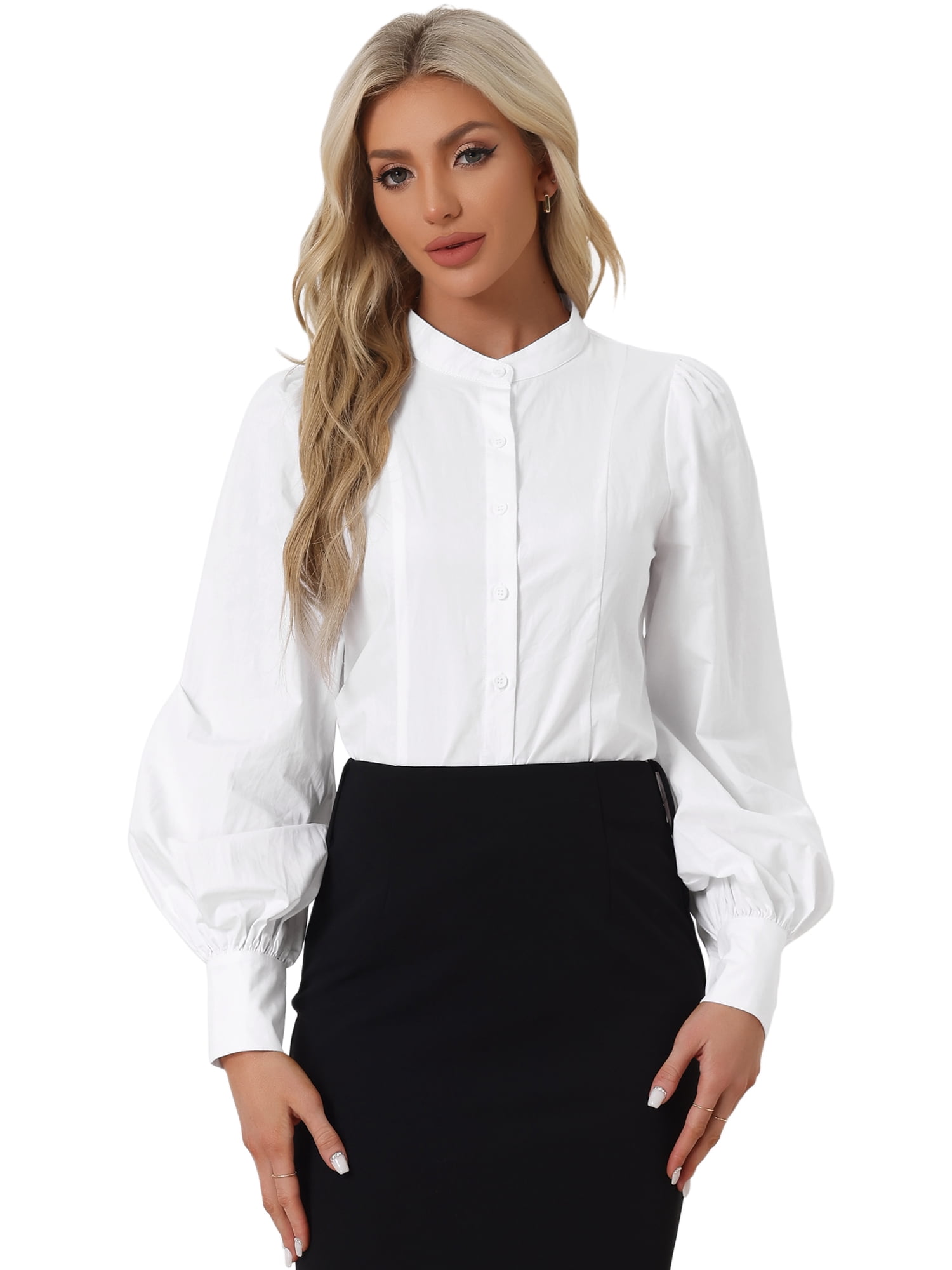 DARING DIVA Women's Band Collar Lantern Long Sleeves Button Down Blouse XL White
