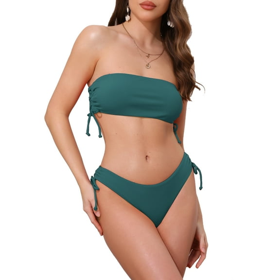 DARING DIVA Women's Bandeau Drawstring Side Tie Bikini Sets Large Dark Green
