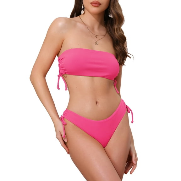 DARING DIVA Women's Bandeau Drawstring Side Tie Bikini Sets Small Rose Red