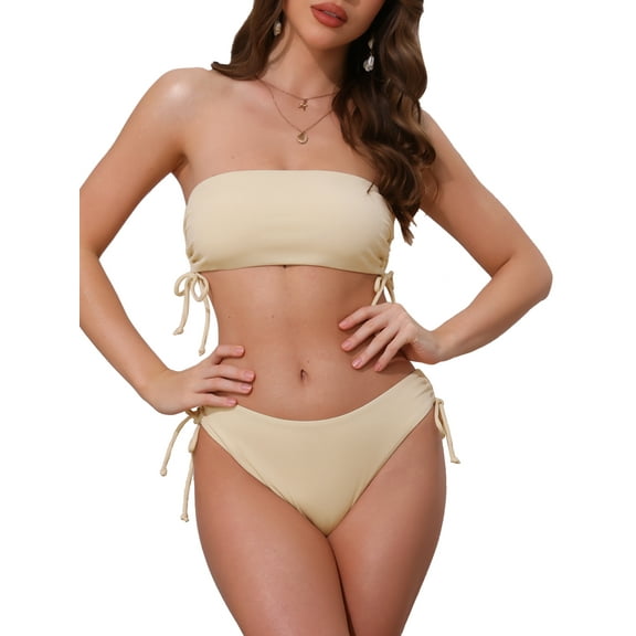 DARING DIVA Women's Bandeau Drawstring Side Tie Bikini Sets X-Large Light Khaki