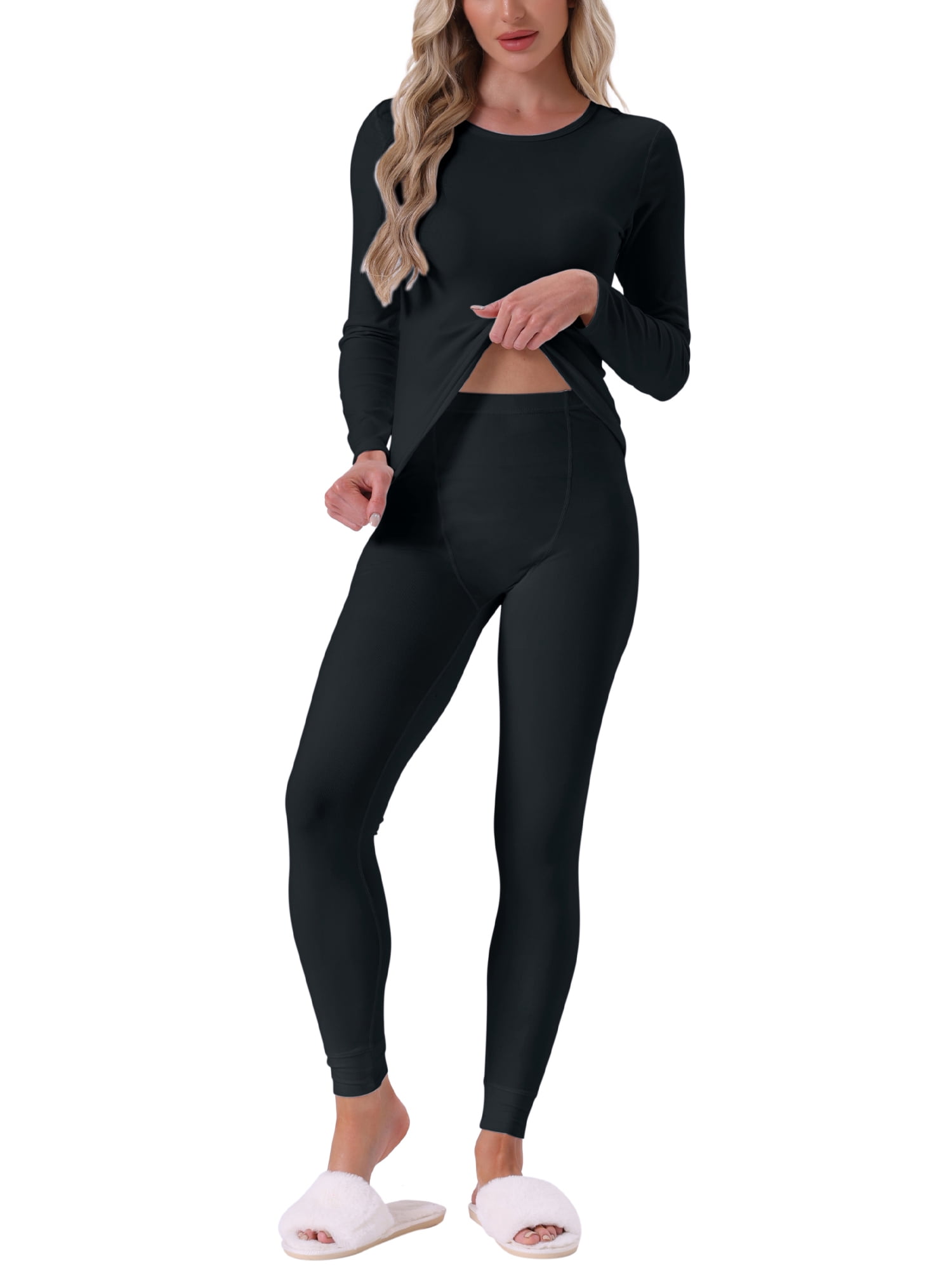 DARING DIVA Women's Base Layer Underwear Sets Long Sleeve Shirt & Leggings L Black