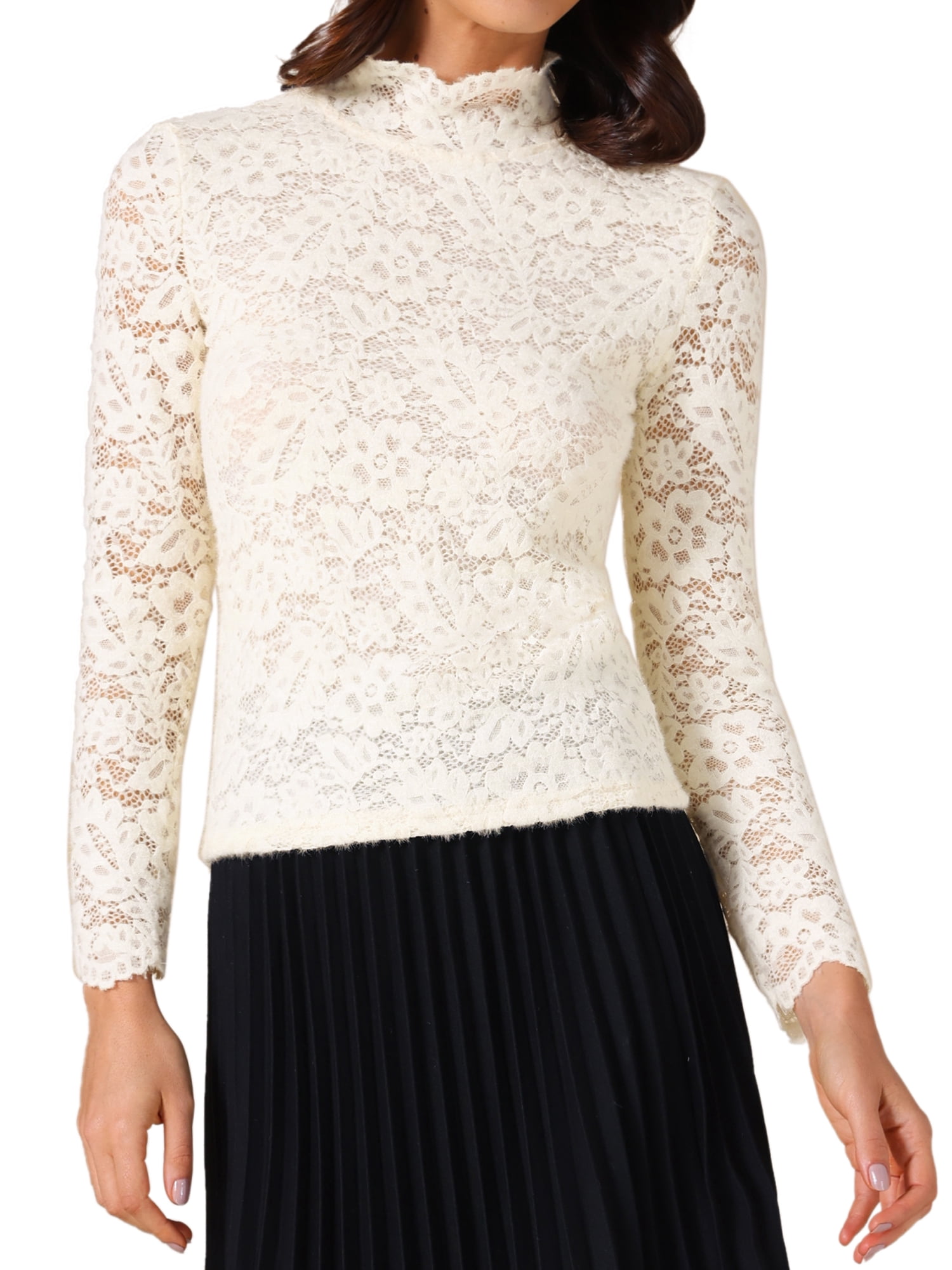 DARING DIVA Women's Basic Lace Long Sleeve Ruffle Neck Floral Blouse S Beige