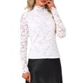 thumbnail image 1 of DARING DIVA Women's Basic Lace Long Sleeve Ruffle Neck Floral Blouse S White, 1 of 5