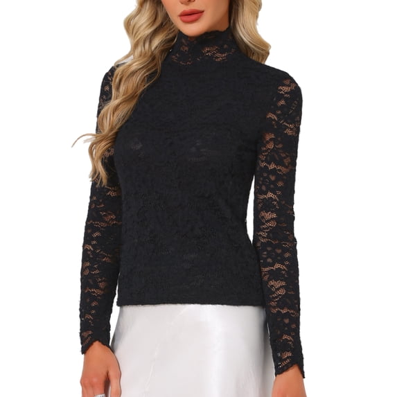 DARING DIVA Women's Basic Lace Long Sleeve Ruffle Neck Floral Blouse XL Black