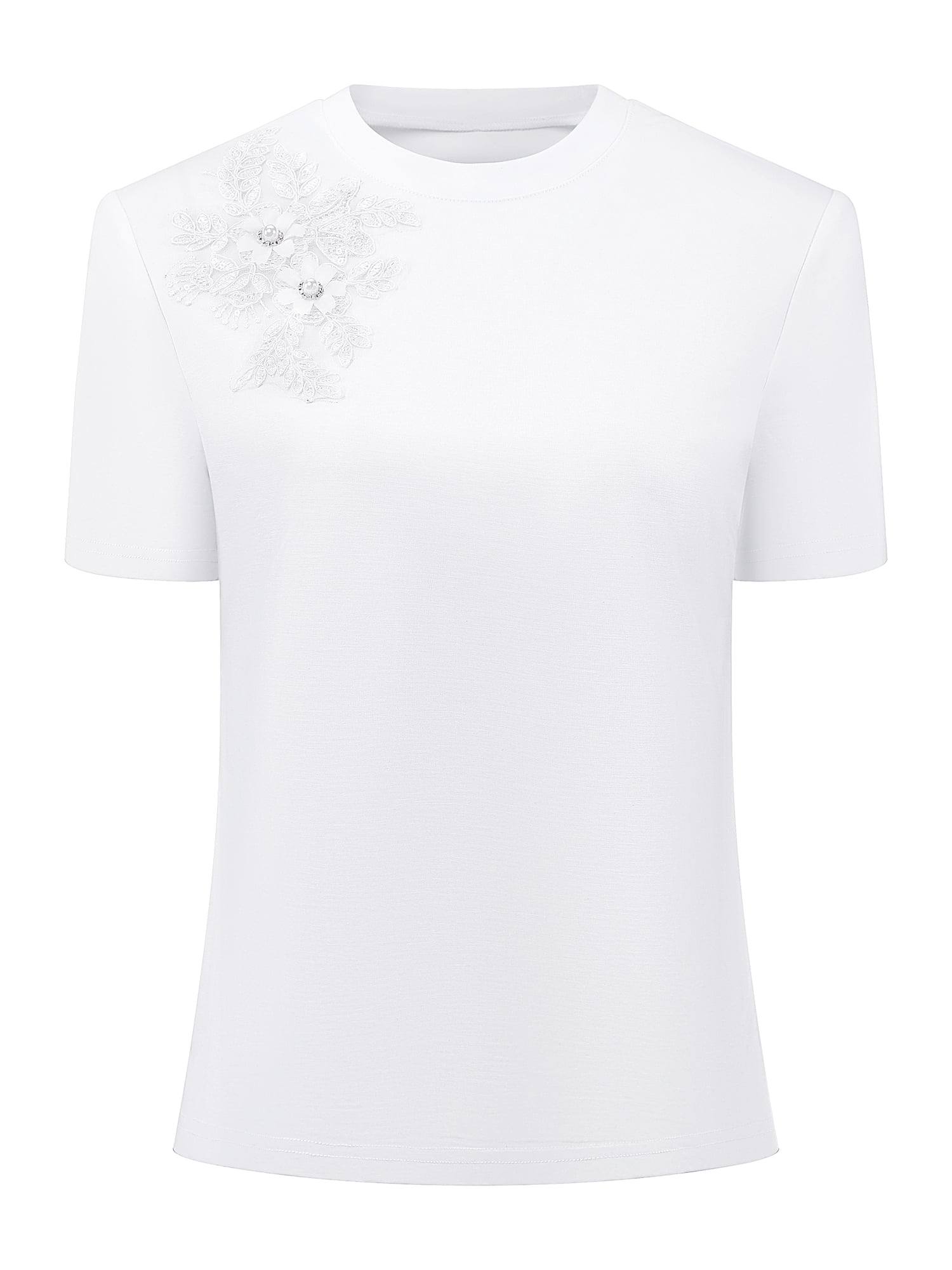 DARING DIVA Women's Basic Tee Shirt Short Sleeve Crew Neck Stretchy Beaded Top L White