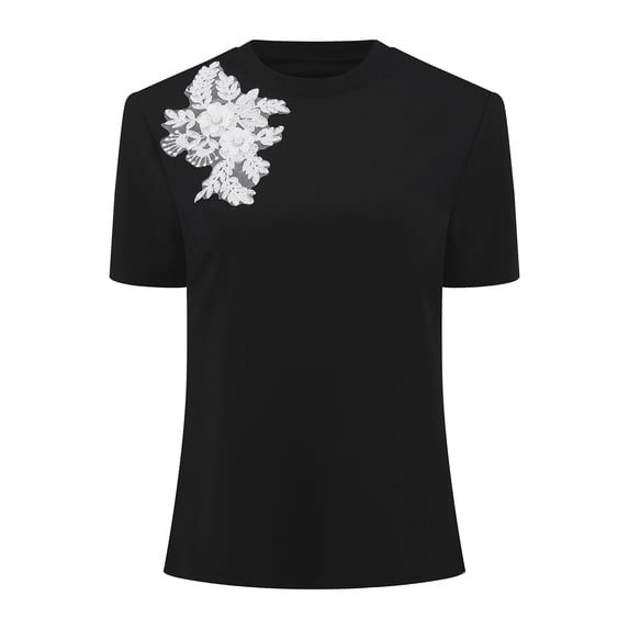 DARING DIVA Women's Basic Tee Shirt Short Sleeve Crew Neck Stretchy Beaded Top S Black