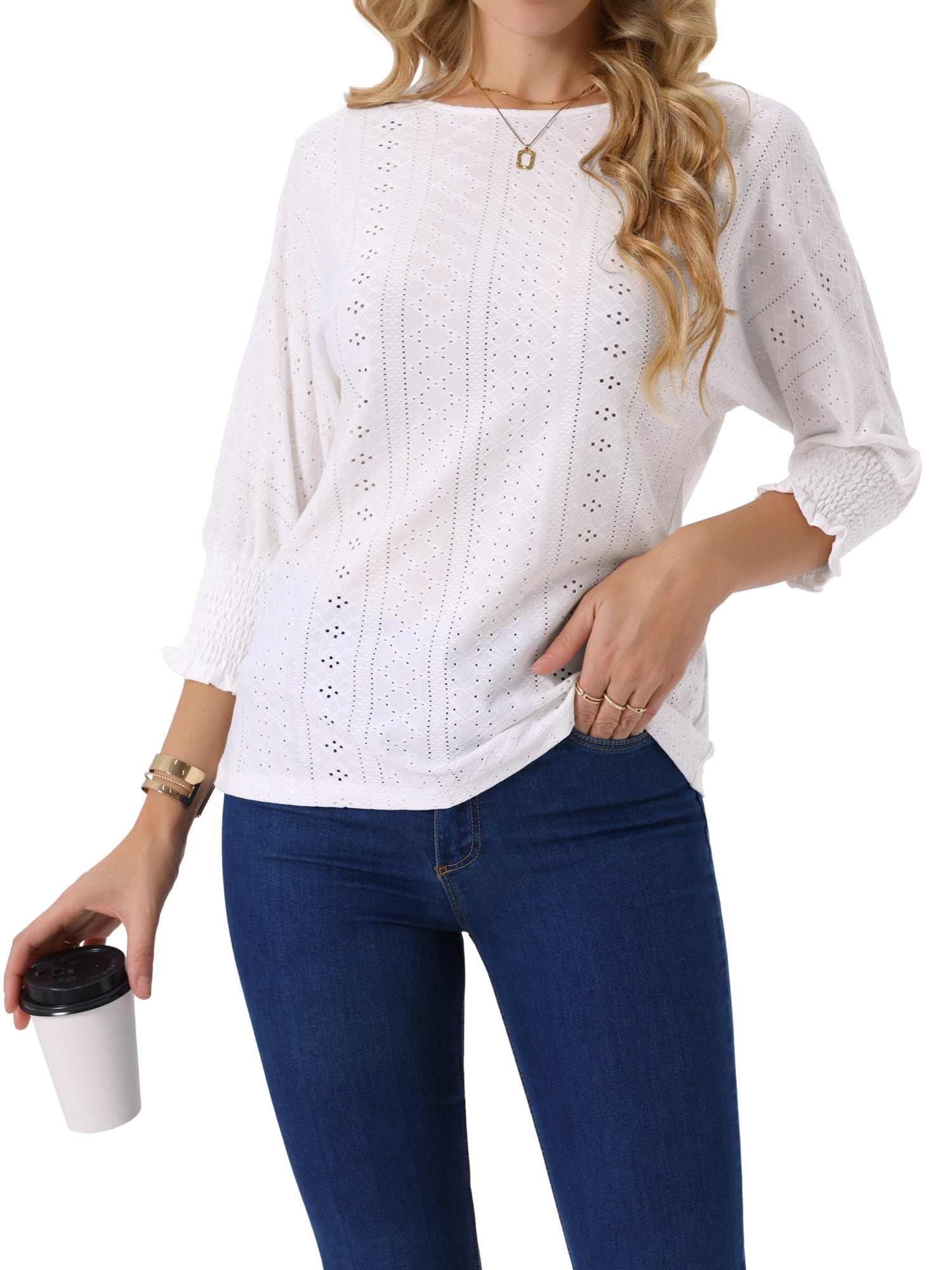 DARING DIVA Women's Batwing Casual Eyelet Blouse Crewneck Tunic T-Shirts White L