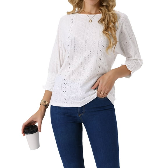DARING DIVA Women's Batwing Casual Eyelet Blouse Crewneck Tunic T-Shirts White M