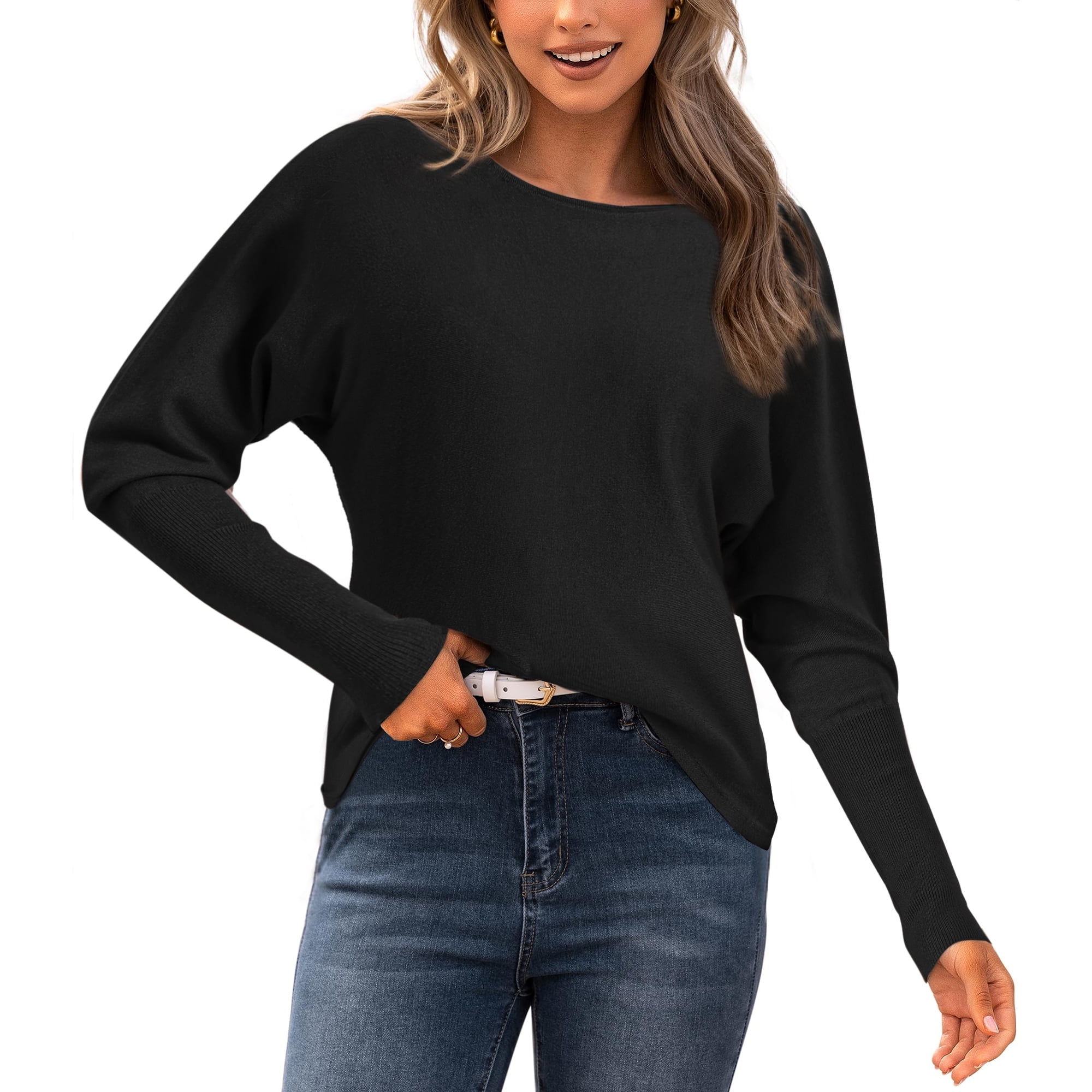 DARING DIVA Women's Batwing Sleeve Oversized Knit Sweater Pullover Tops L Black