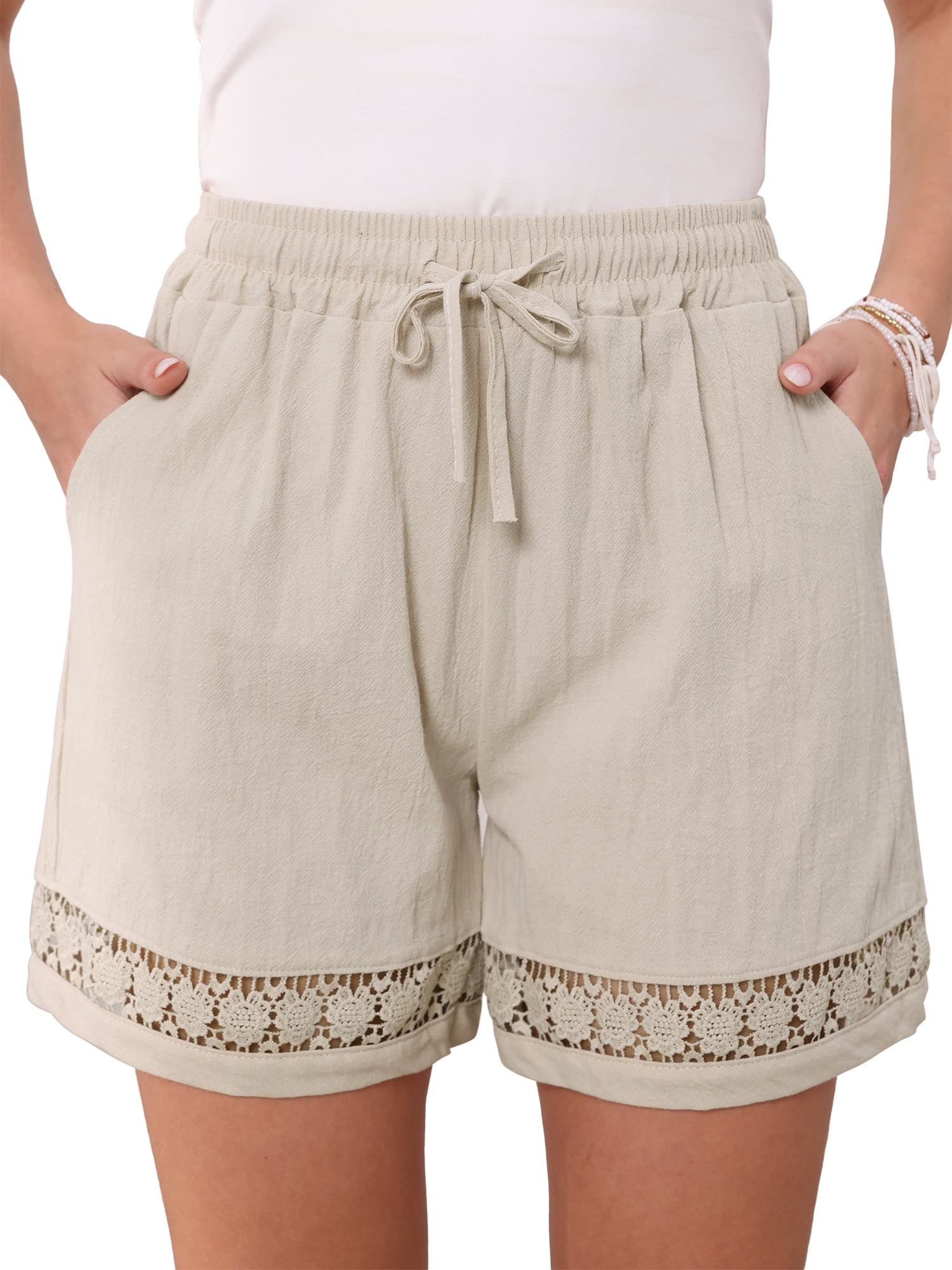 DARING DIVA Women's Beach Drawstring High Waisted Shorts with Pockets M Beige