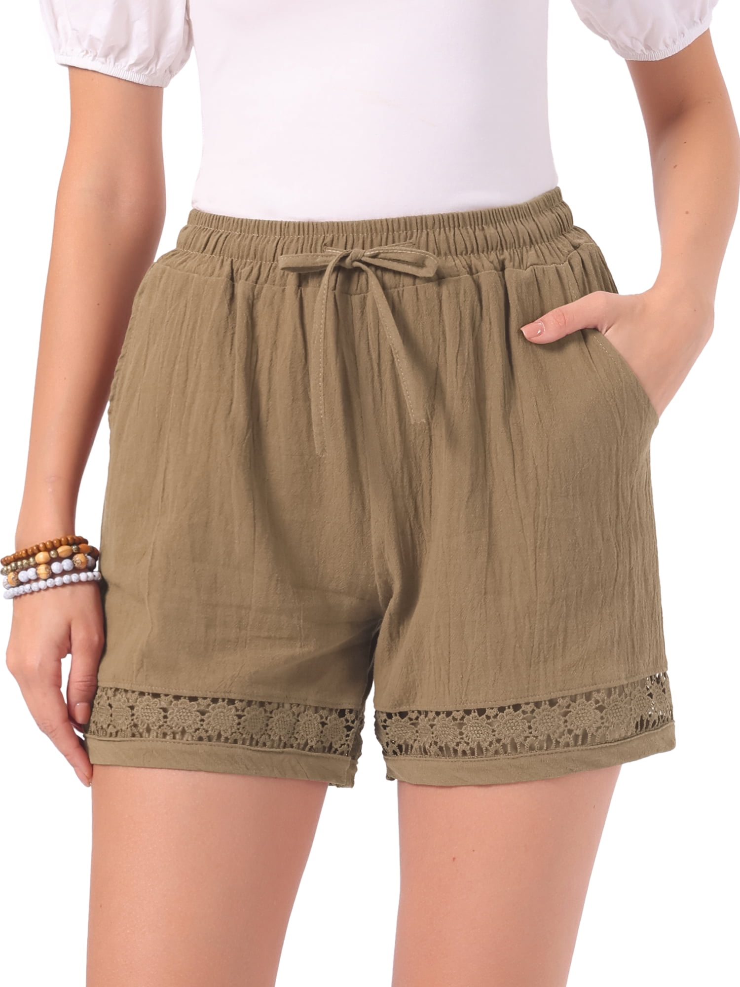DARING DIVA Women's Beach Drawstring High Waisted Shorts with Pockets S Khaki