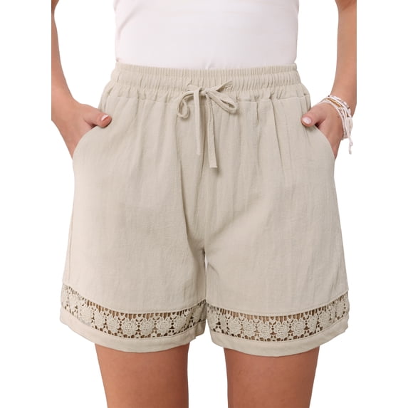 DARING DIVA Women's Beach Drawstring High Waisted Shorts with Pockets X-Small Beige