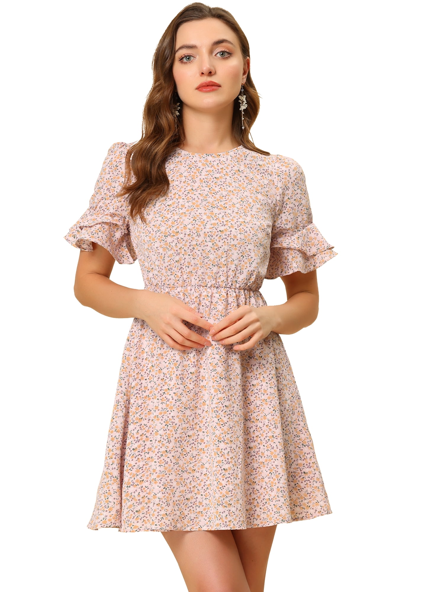 DARING DIVA Women's Bell Sleeve High Waist A-Line Ditsy Floral Dress M Pink