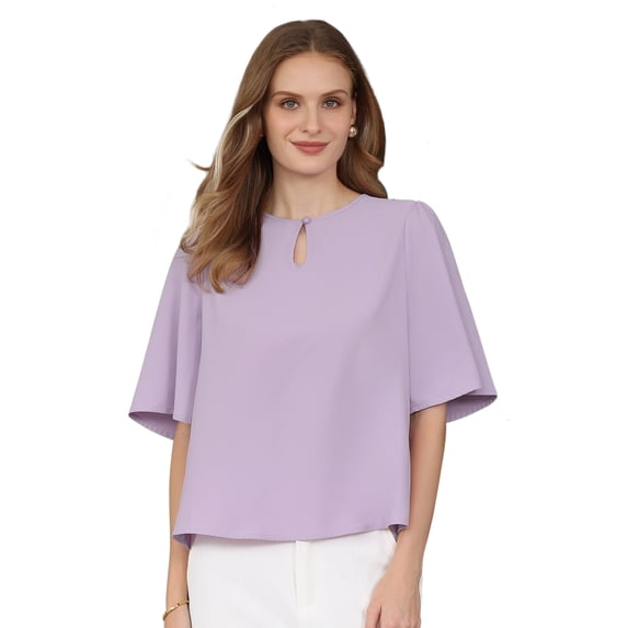 DARING DIVA Women's Bell Sleeve Top Crew Neck Keyhole Business Blouse S Light Purple