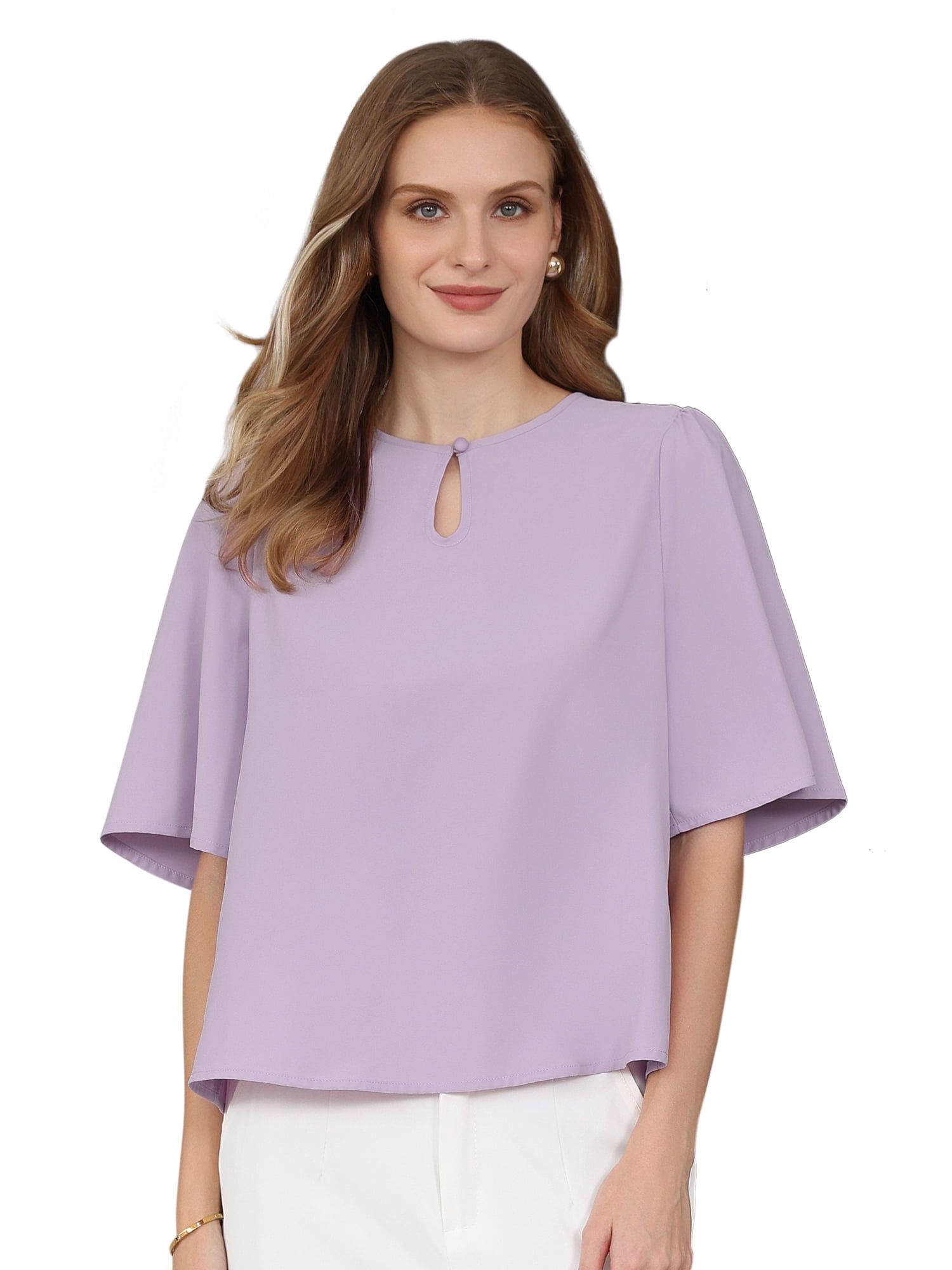 DARING DIVA Women's Bell Sleeve Top Crew Neck Keyhole Business Blouse XL Light Purple
