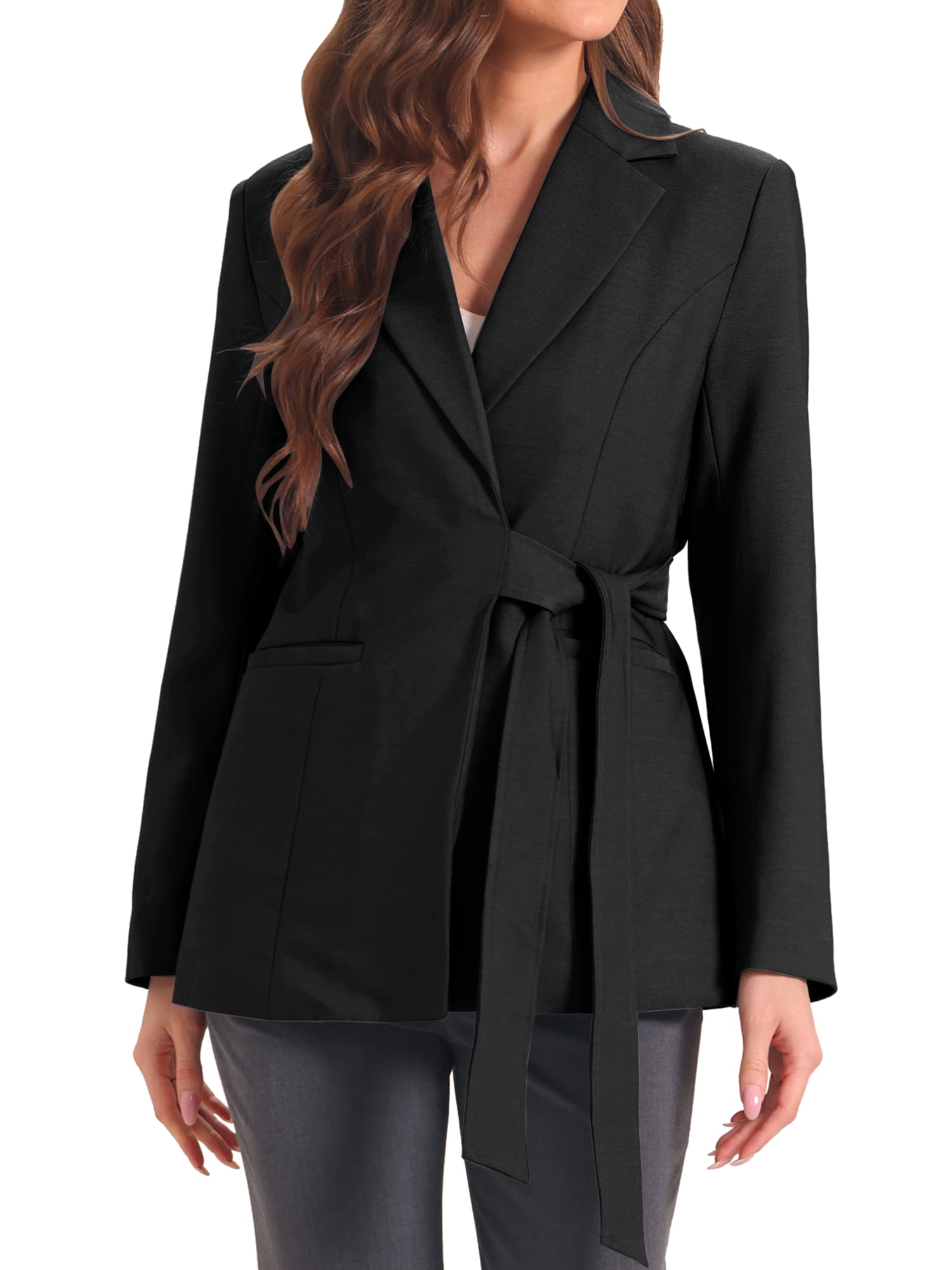DARING DIVA Women's Belted Lapel Long Sleeve Work Office Wrap Blazer Jacket M Black