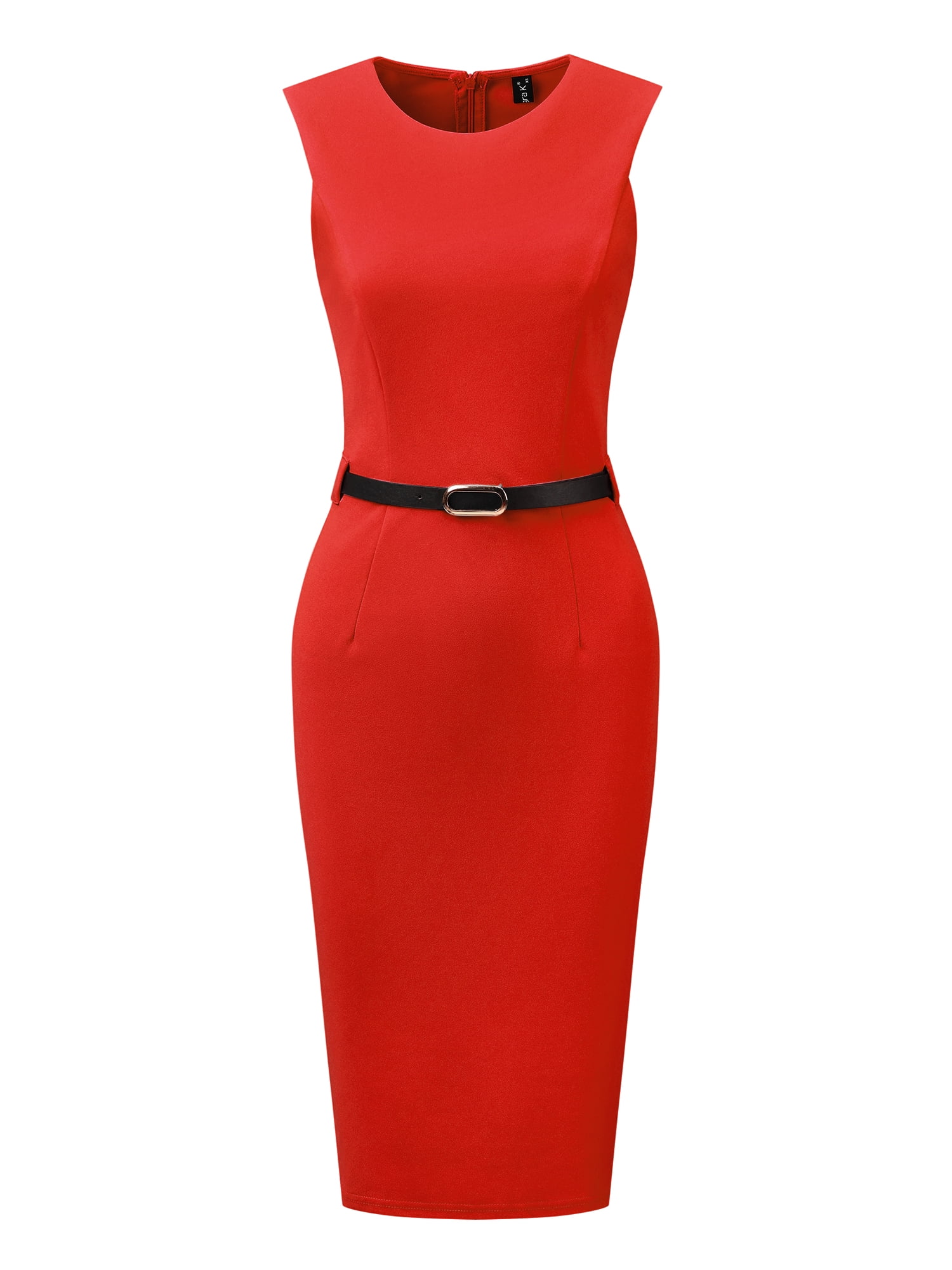 DARING DIVA Women's Belted Sheath Round Neck Sleeveless Dresses L Red