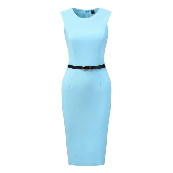 DARING DIVA Women's Belted Sheath Round Neck Sleeveless Dresses L Sky Blue