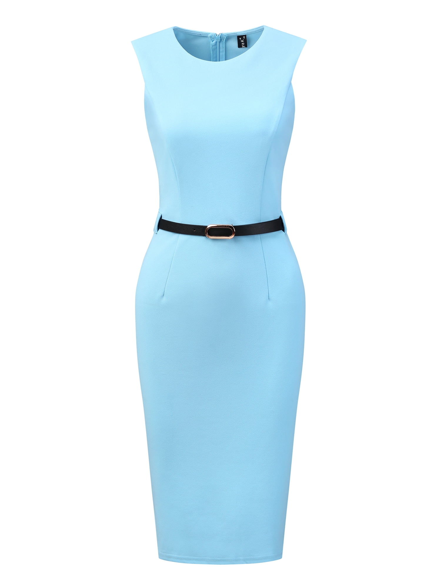 DARING DIVA Women's Belted Sheath Round Neck Sleeveless Dresses XS Sky Blue