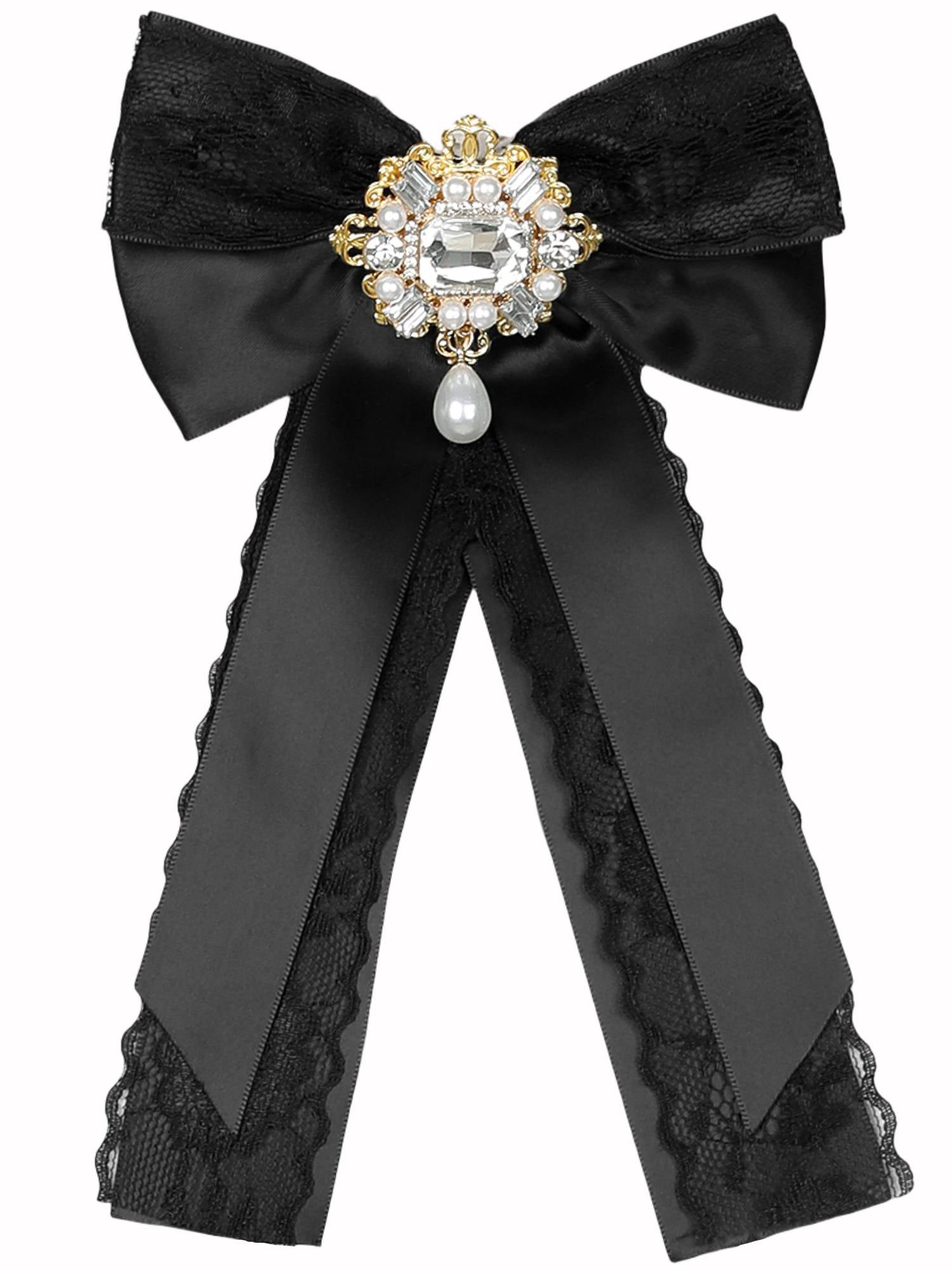 DARING DIVA Women's Black Lace Trimmed Ribbon Pre-tied Bow Tie Black
