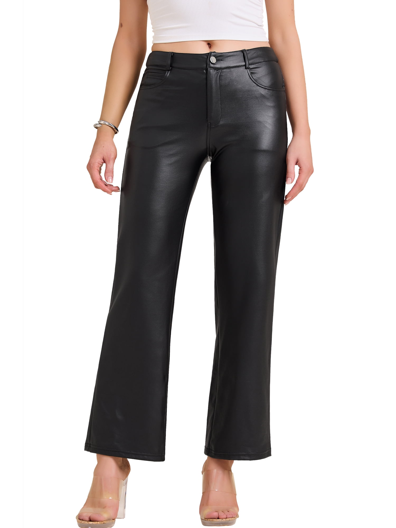 DARING DIVA Women's Black Straight Leather Pants High Waist with Pockets Large Black