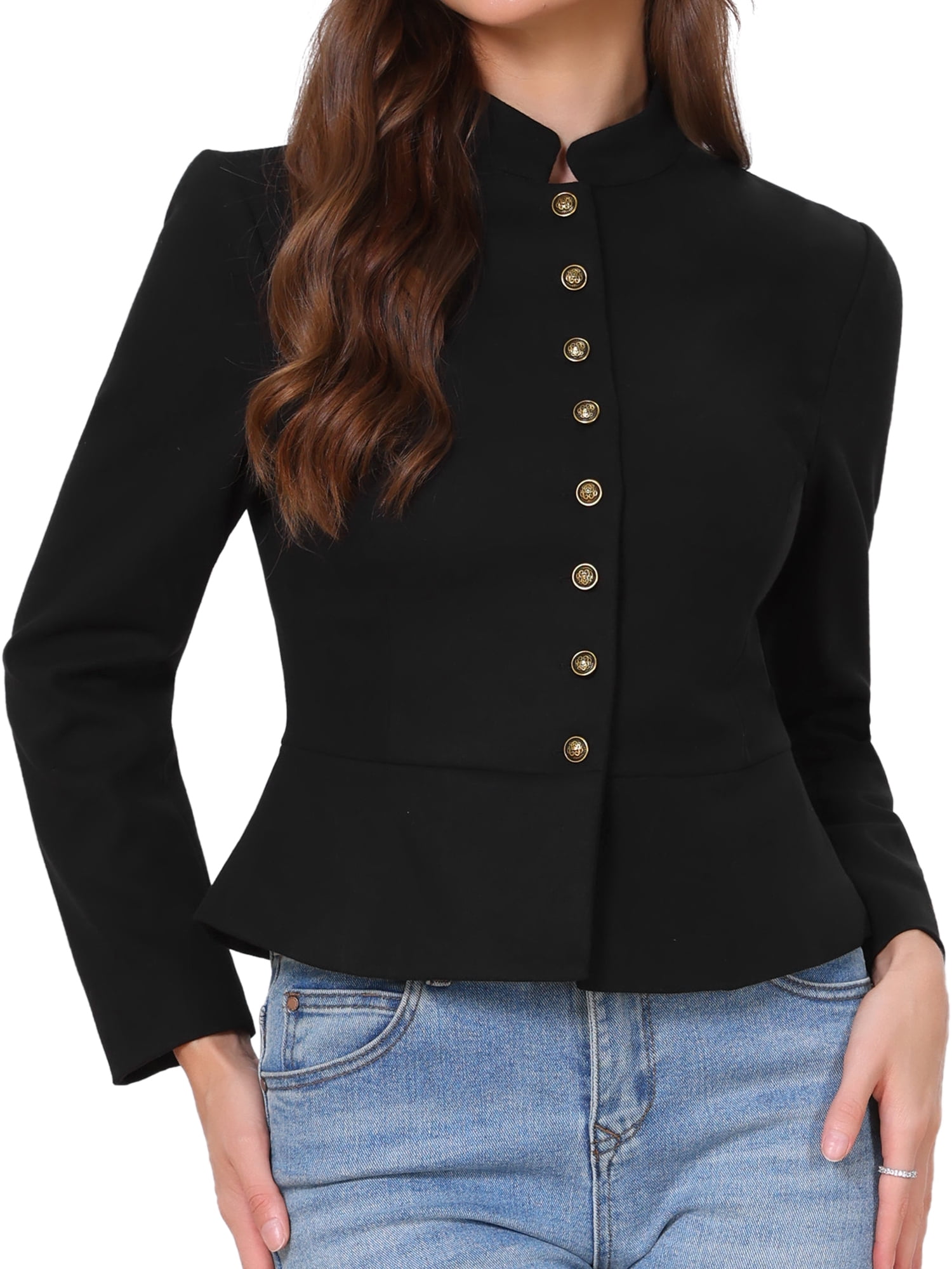 DARING DIVA Women's Blazer Classic Button Stand Collar Blazer L Black