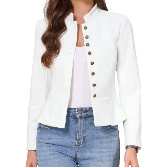 DARING DIVA Women's Blazer Classic Button Stand Collar Blazer M Cream White