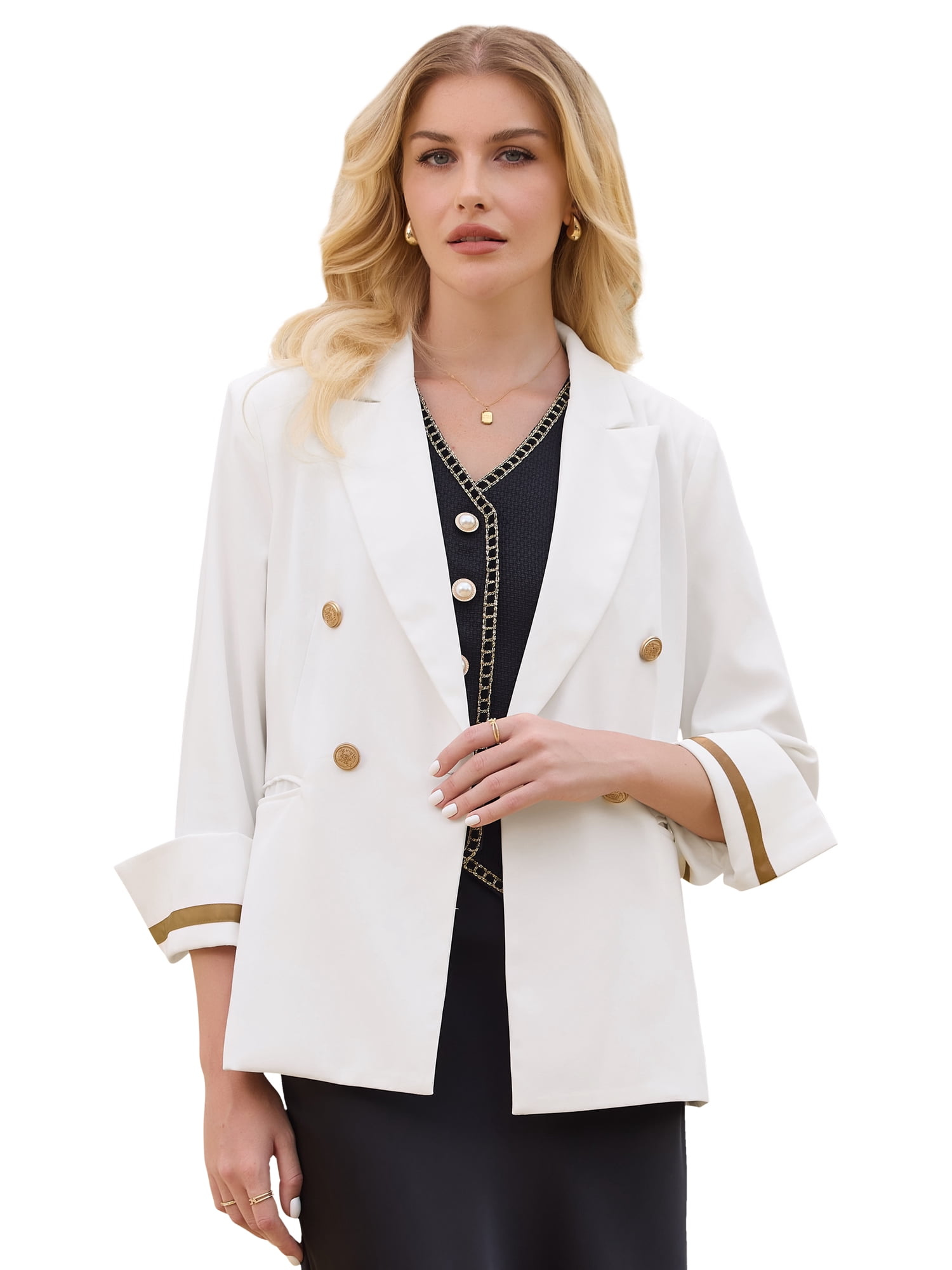 DARING DIVA Women's Blazer Double Breasted 3/4 Sleeve Office Suit Jacket S White