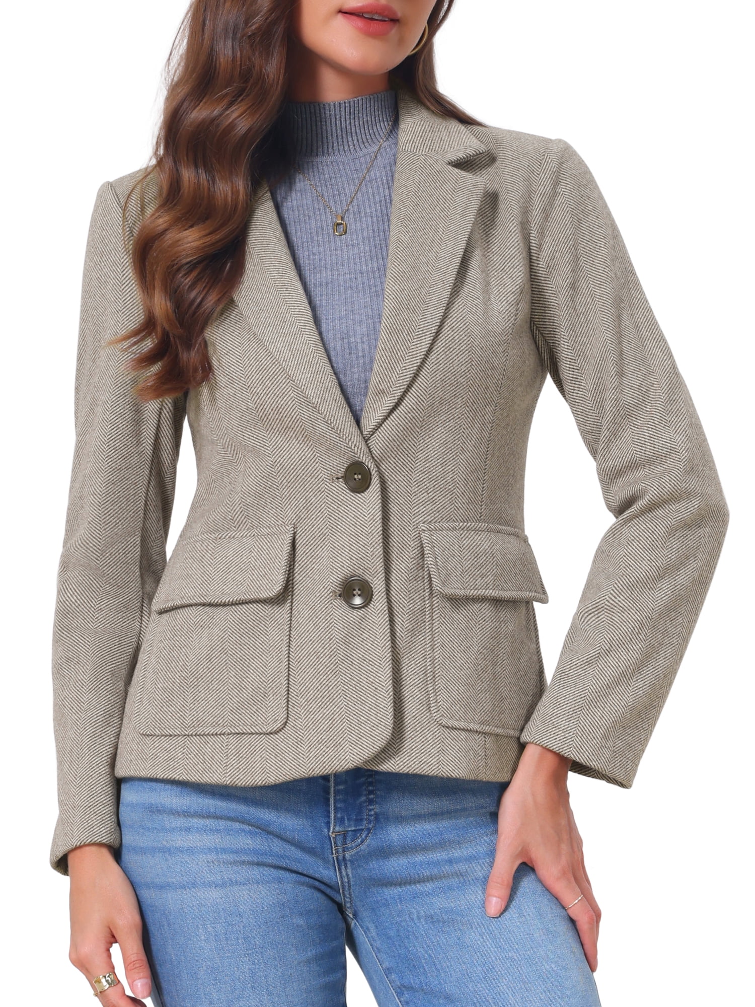 DARING DIVA Women's Blazer Herringbone Tweed Long Sleeve Blazers S Brown