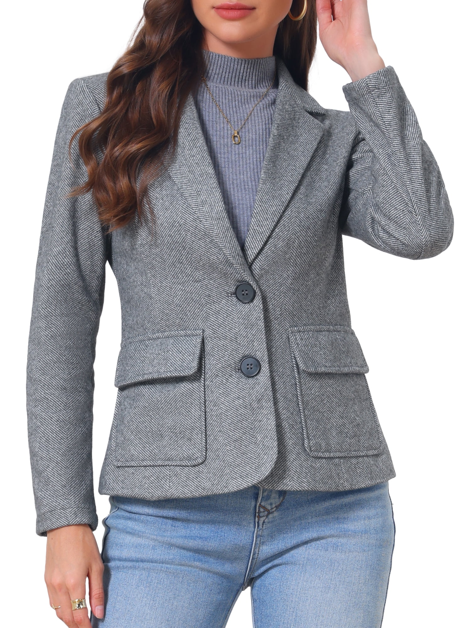 DARING DIVA Women's Blazer Herringbone Tweed Long Sleeve Blazers S Grey
