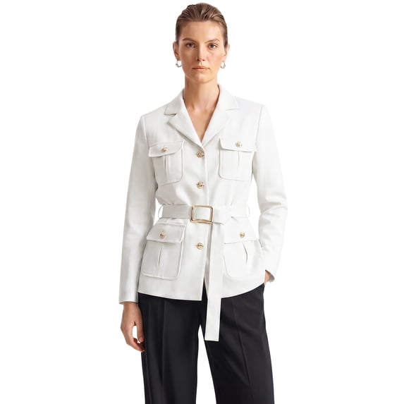 DARING DIVA Women's Blazer Notched Lapel Long Sleeve Belted Suit Jacket X Large White