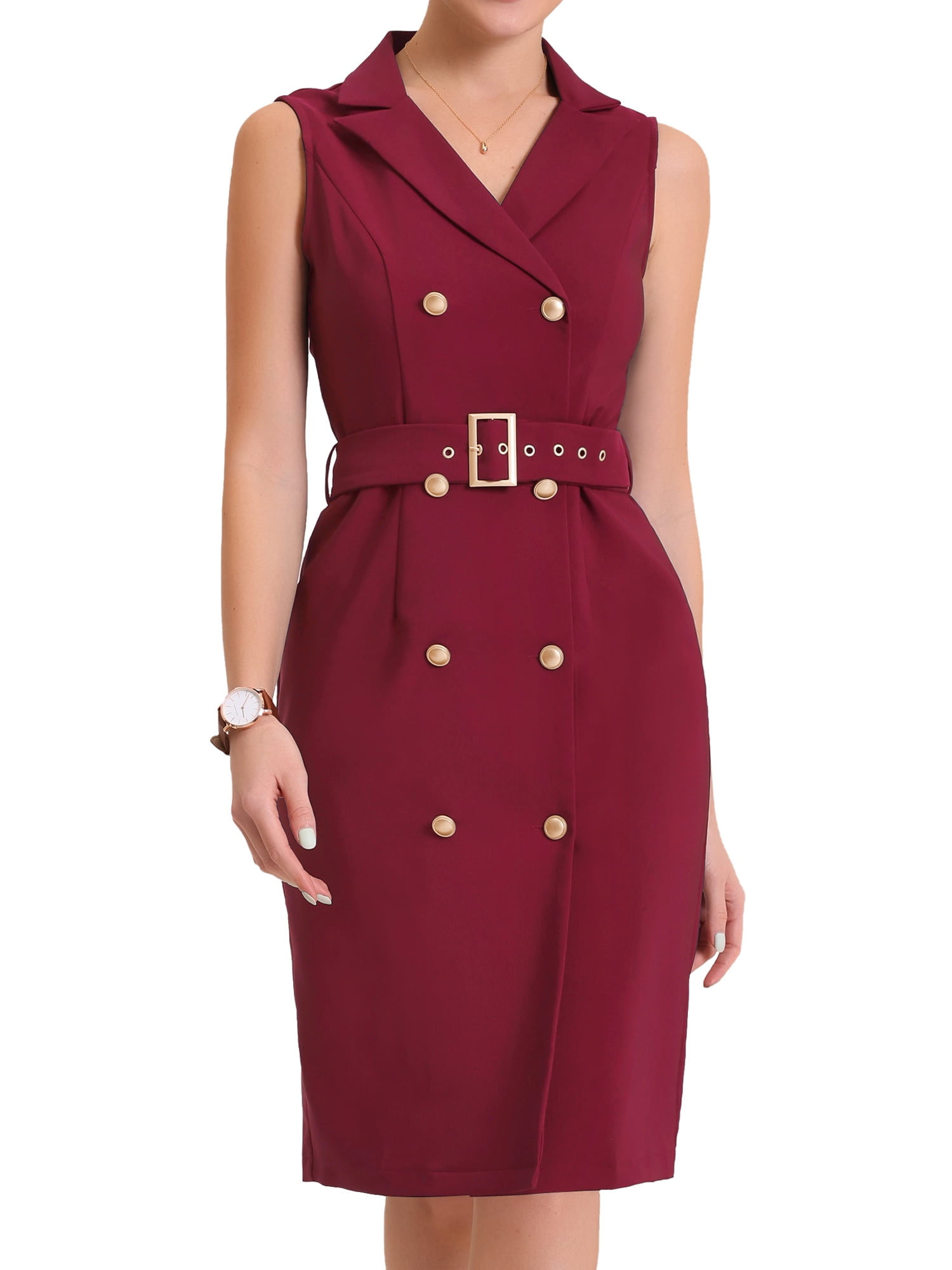 DARING DIVA Women's Blazer Office Sleeveless V Neck Button Down Dress S Wine Red