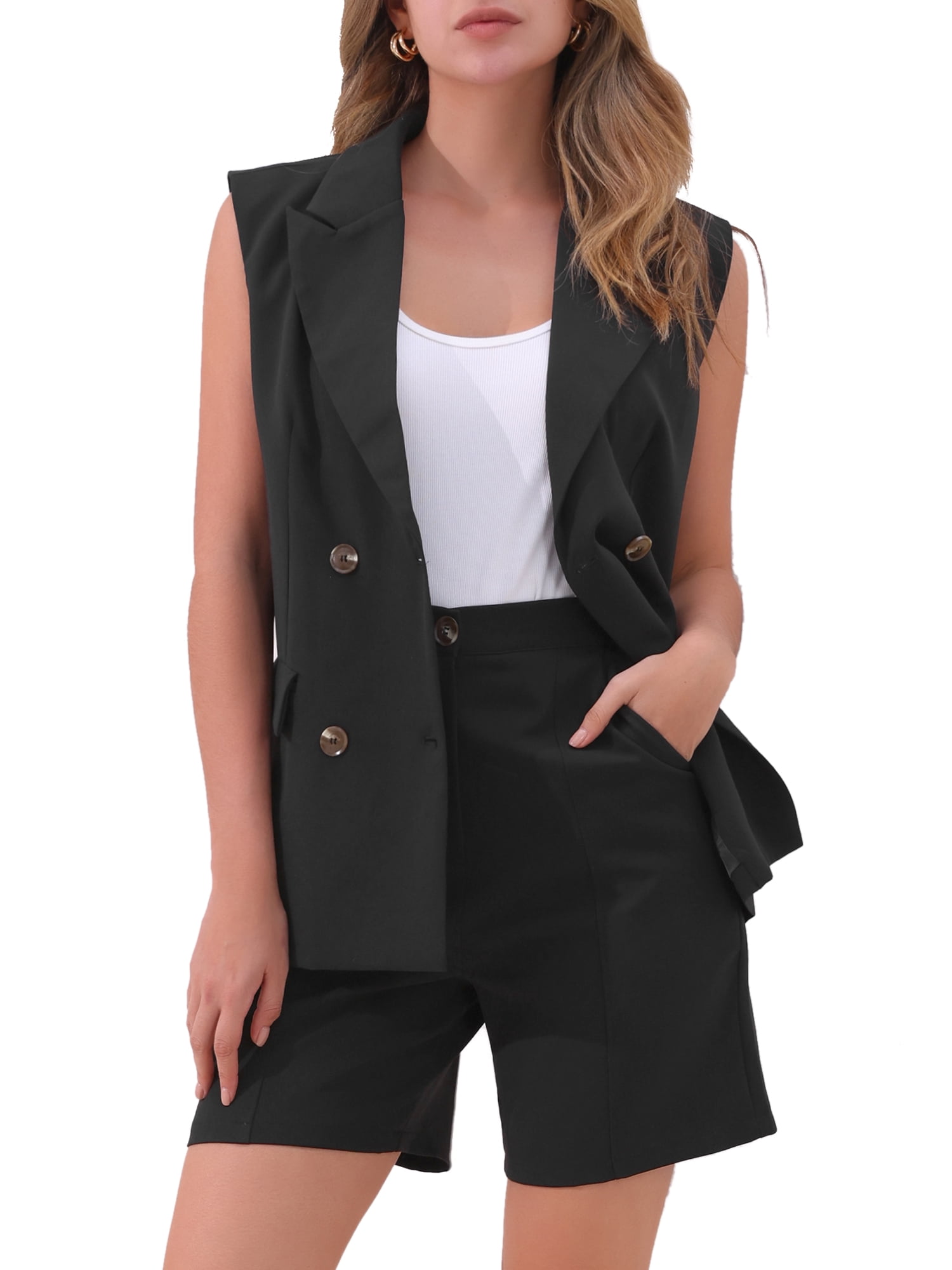 DARING DIVA Women's Blazer Vest Shorts Casual 2 Pieces Suit Set XS Black