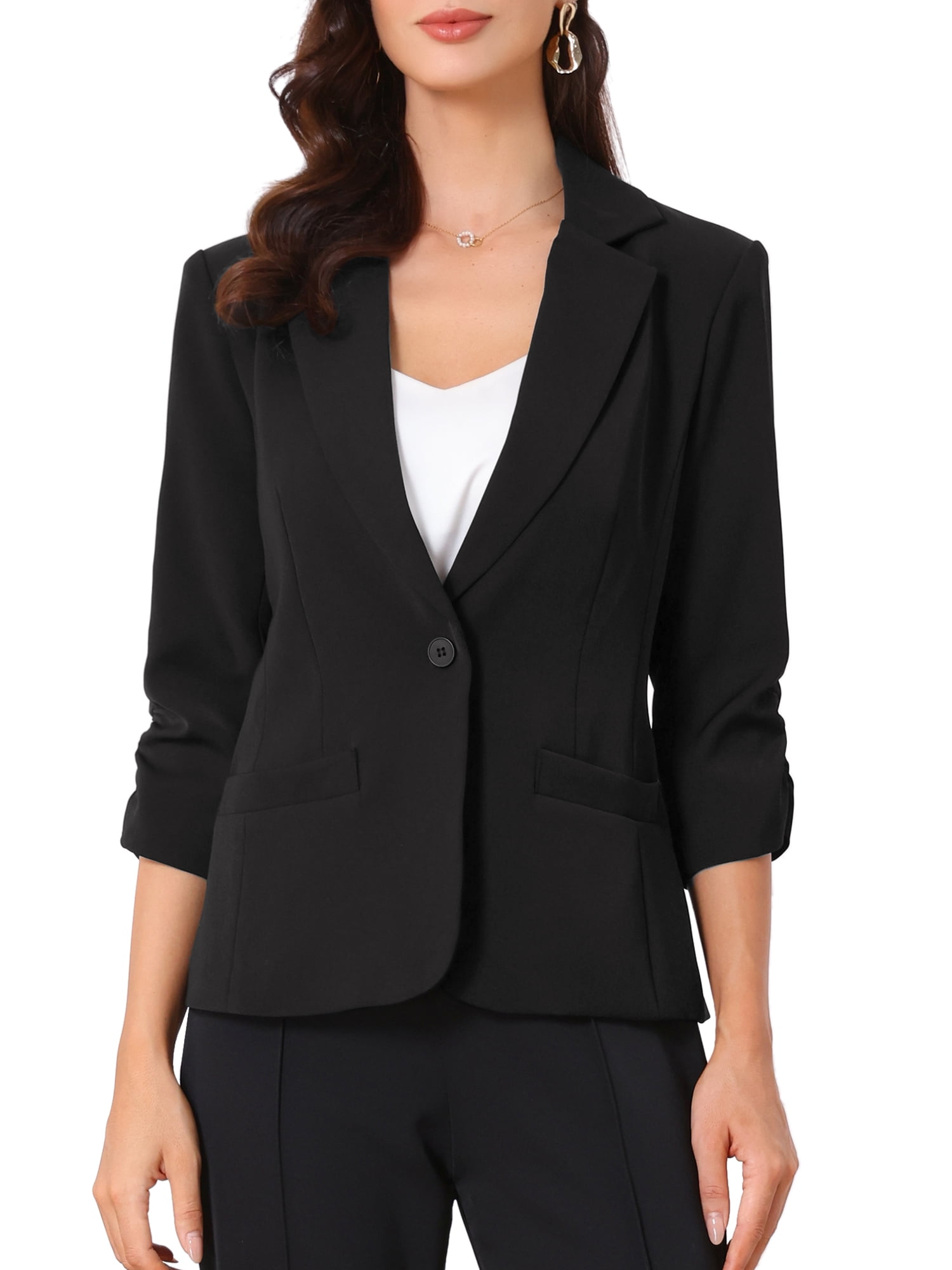 DARING DIVA Women's Blazers Business 3/4 Ruched Sleeve Notched Lapel Suit Jackets S Black