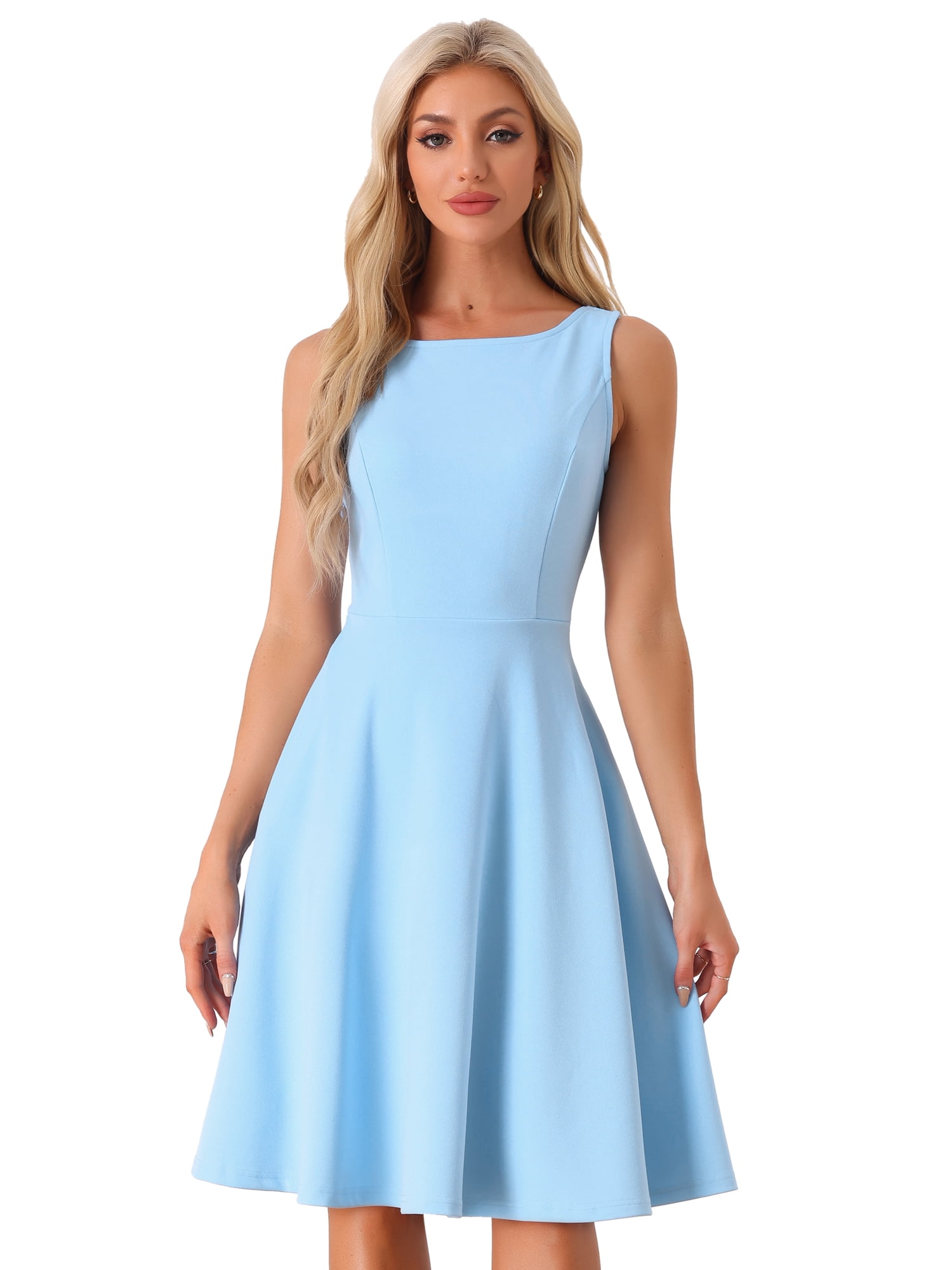 DARING DIVA Women's Boat Neck High Waisted Sleeveless Work Dresses S Light Blue