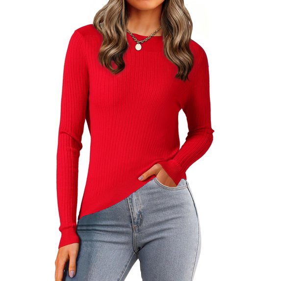 DARING DIVA Women's Boat Neck Long Sleeve Ribbed Sweaters M Red