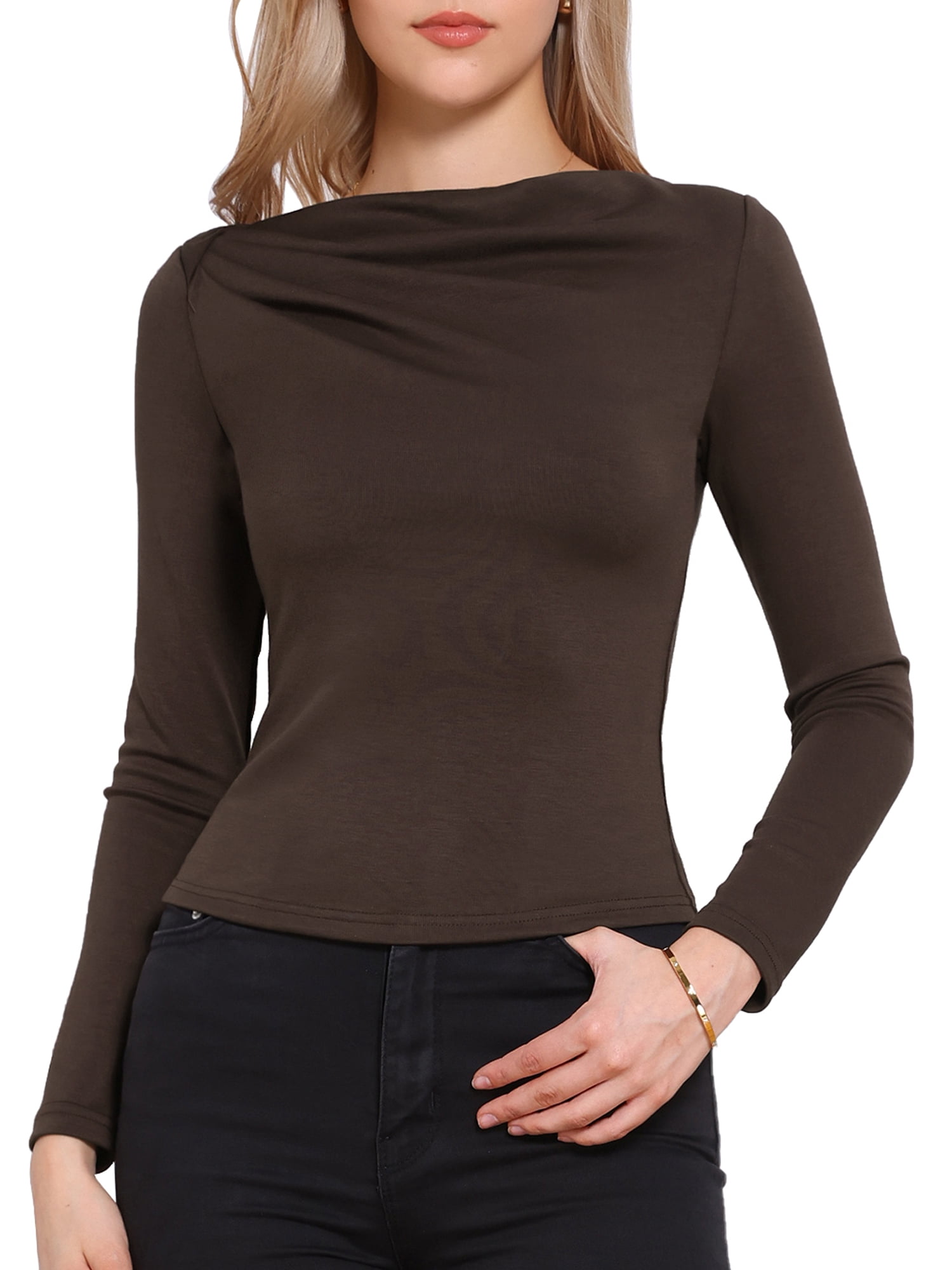 DARING DIVA Women's Boat Neck Long Sleeve Ruched Casual Top XL Coffee Brown