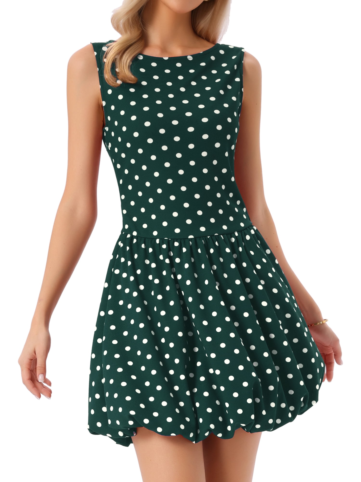 DARING DIVA Women's Boat Neck Sleeveless Polka Dots Cocktail Dress L Dark Green